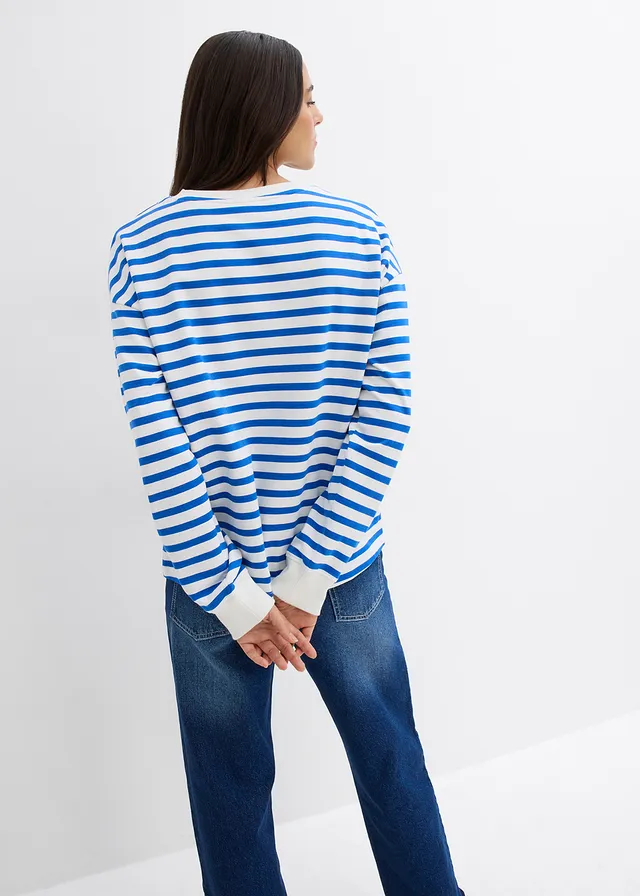 Sweat-shirt, Couleur: beige/bleu arctique rayé