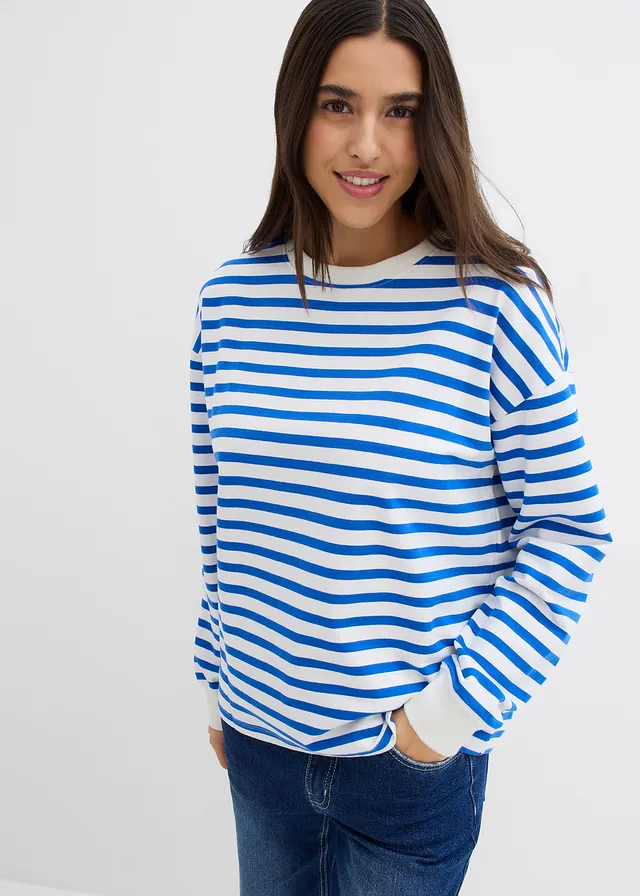 Sweat-shirt, Couleur: beige/bleu arctique rayé