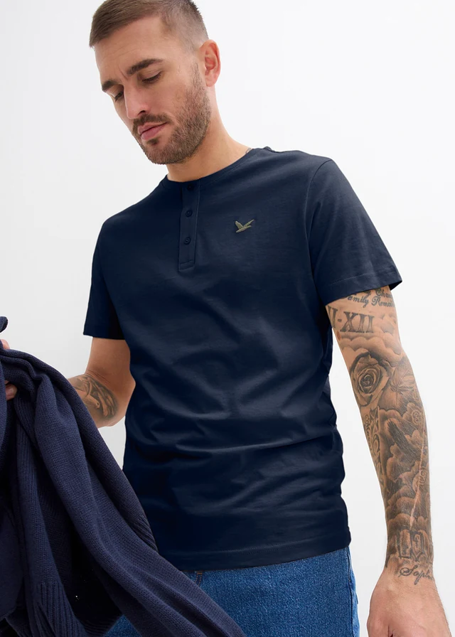 Bluză henley din bumbac organic 100% (set/3 buc.) • măsliniu + bej + bleumarin • magazin bonprix
