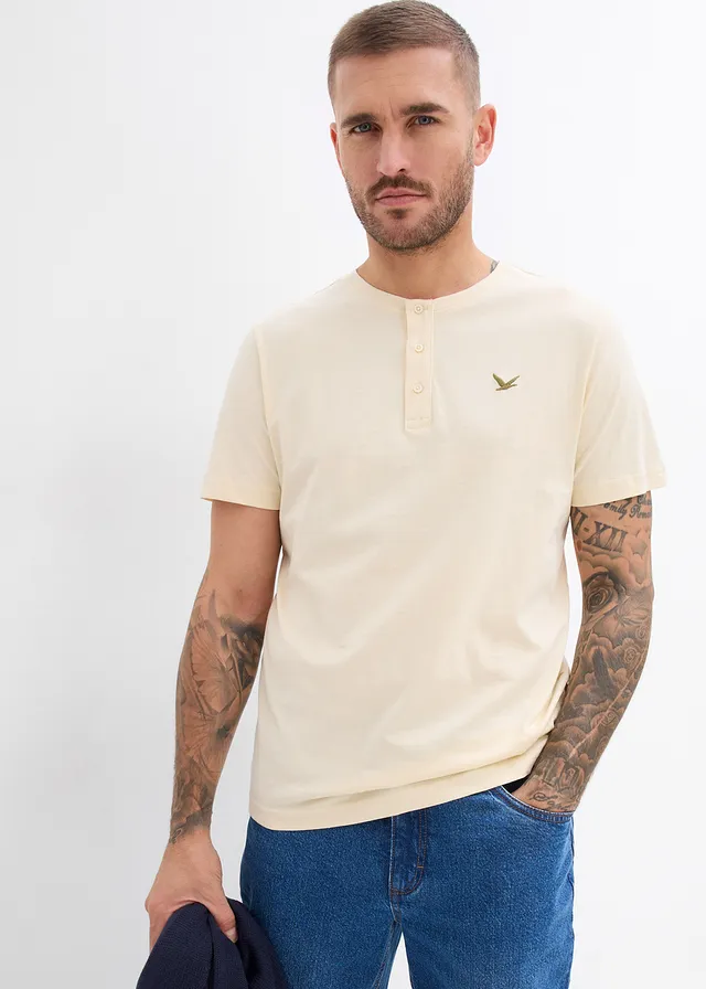 Henley shirt met biologisch katoen (set van 3), Kleur: olijfgroen + beige + donkerblauw