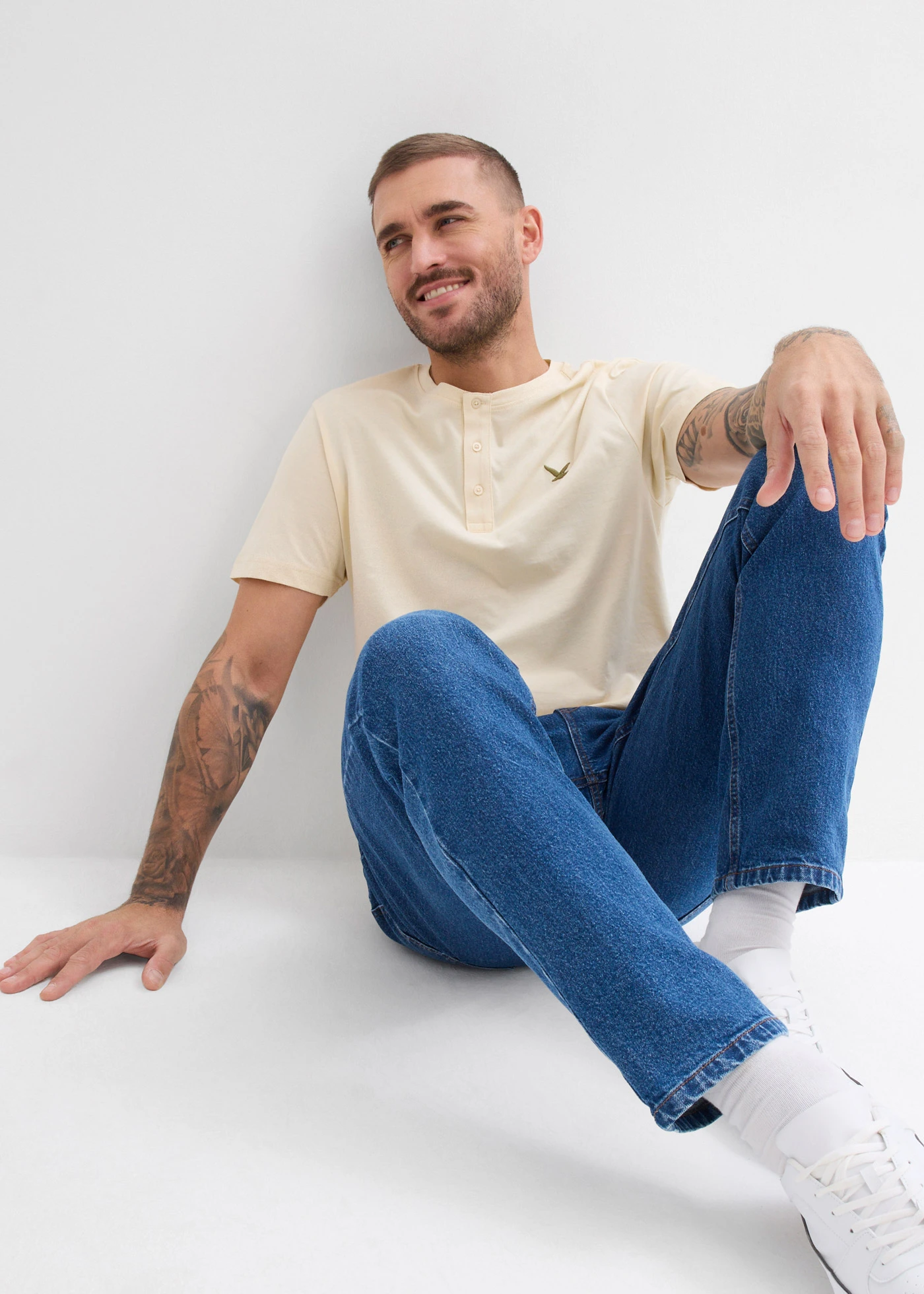 Henley shirt met biologisch katoen (set van 3) • olijfgroen + beige + donkerblauw • bonprix online shop