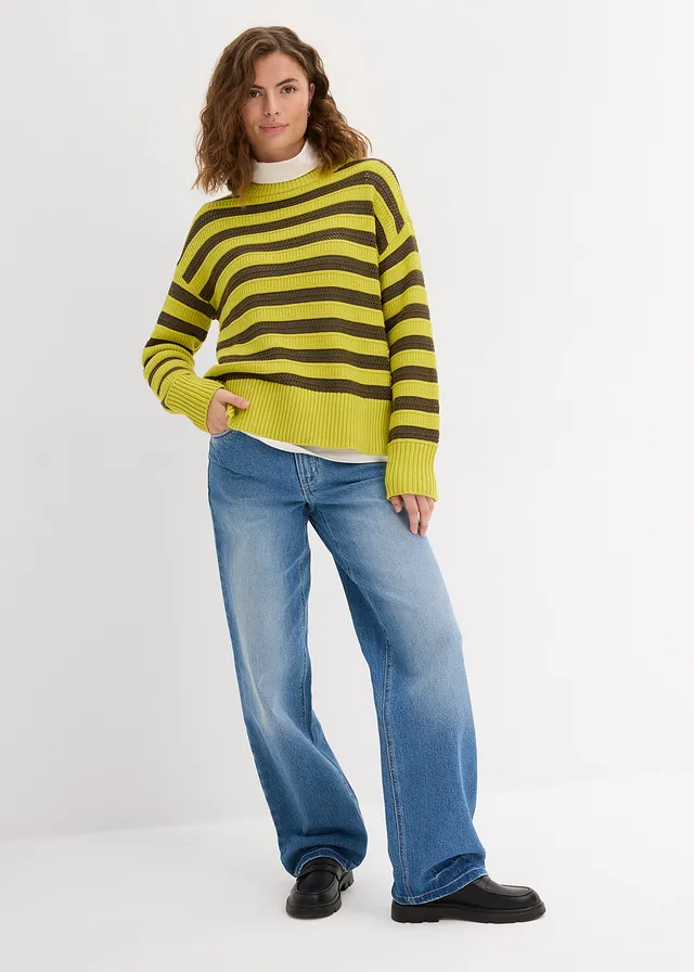 Boxy trui in ajour donkerolijfgroen-pistache gestreept