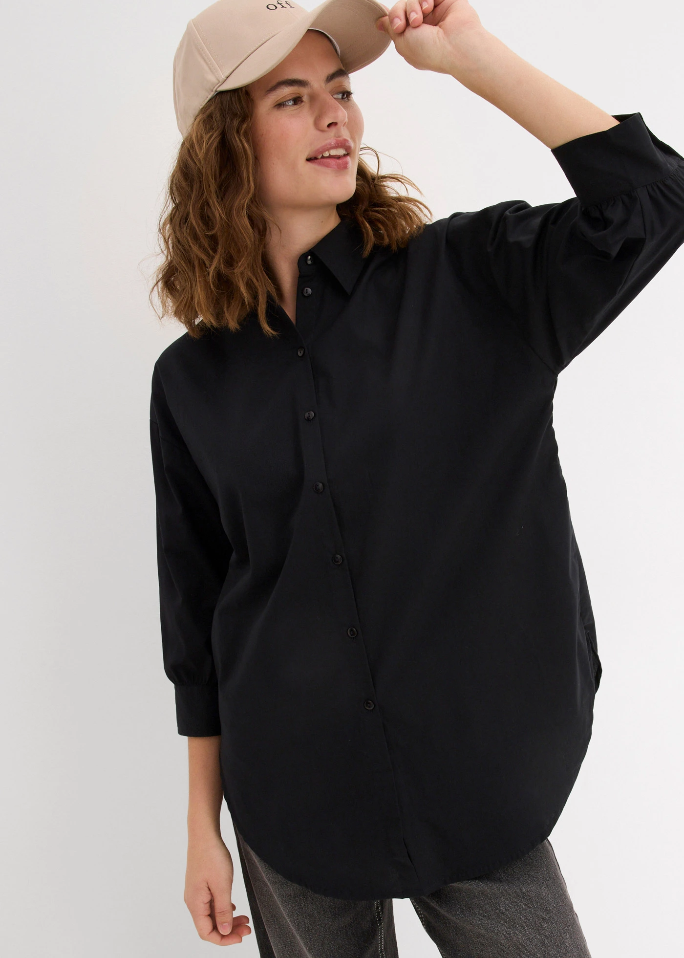 Oversized overhemdblouse van katoen met 3/4 mouwen • zwart • bonprix online shop