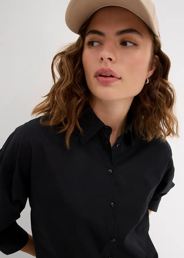 Oversized blouse van katoen met 3/4 mouwen, Kleur: zwart