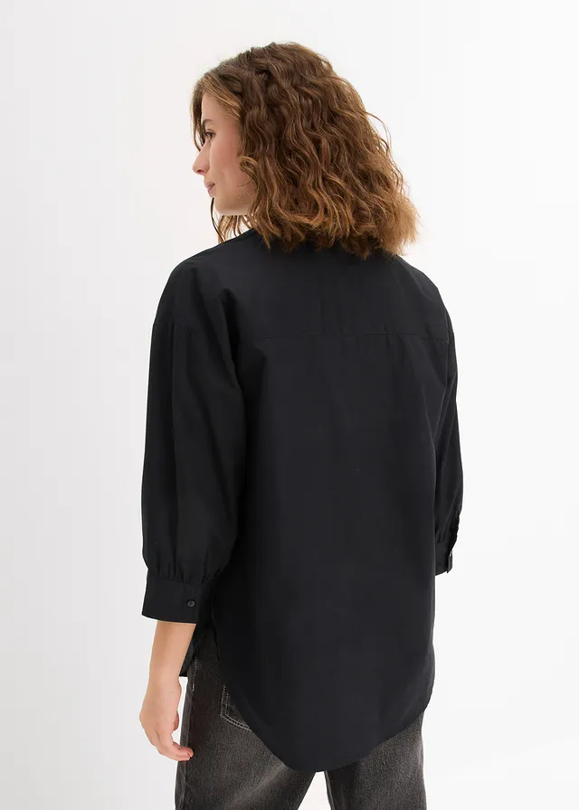 Chemisier oversize en coton, manches 3/4, Couleur: noir