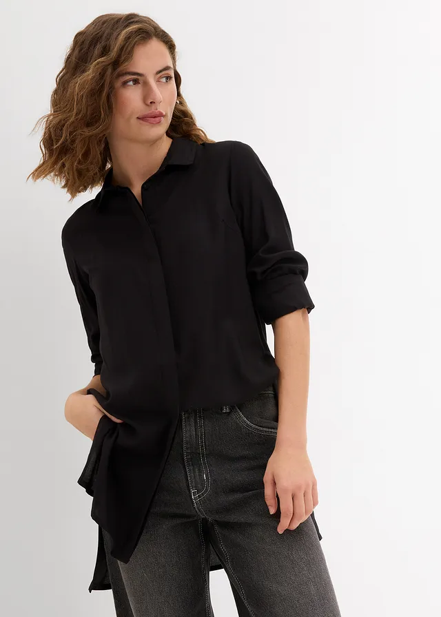 Chemisier long en viscose fluide, fendu sur les côtés, Couleur: noir