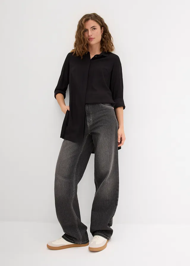 Chemisier long en viscose fluide, fendu sur les côtés, Couleur: noir
