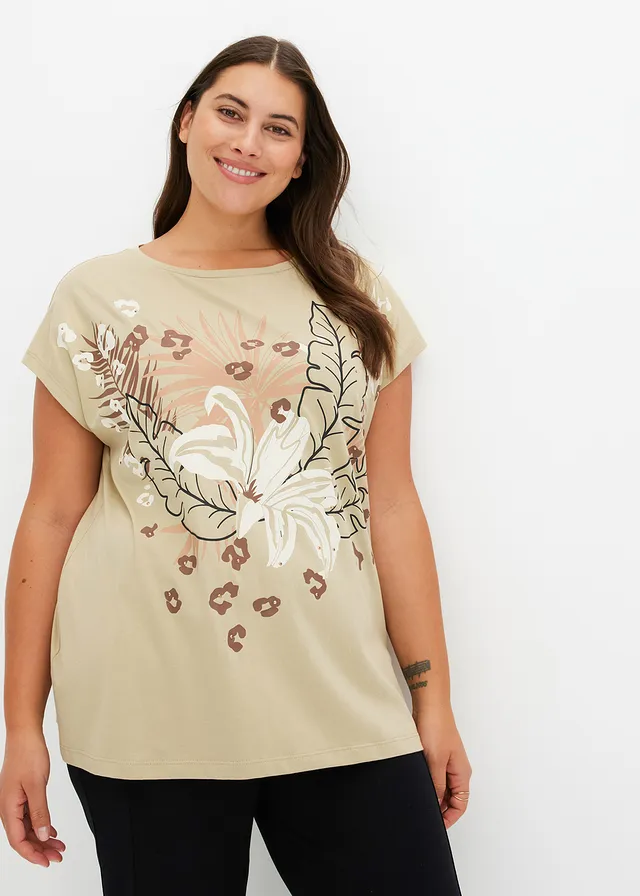Shirt van biologisch katoen, Kleur: rookkaki/ijskoffie met print