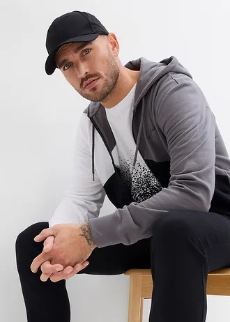 Bluza rozpinana z kapturem z bawełny organicznej • dymny szary - biały - czarny z nadrukiem • sklep bonprix