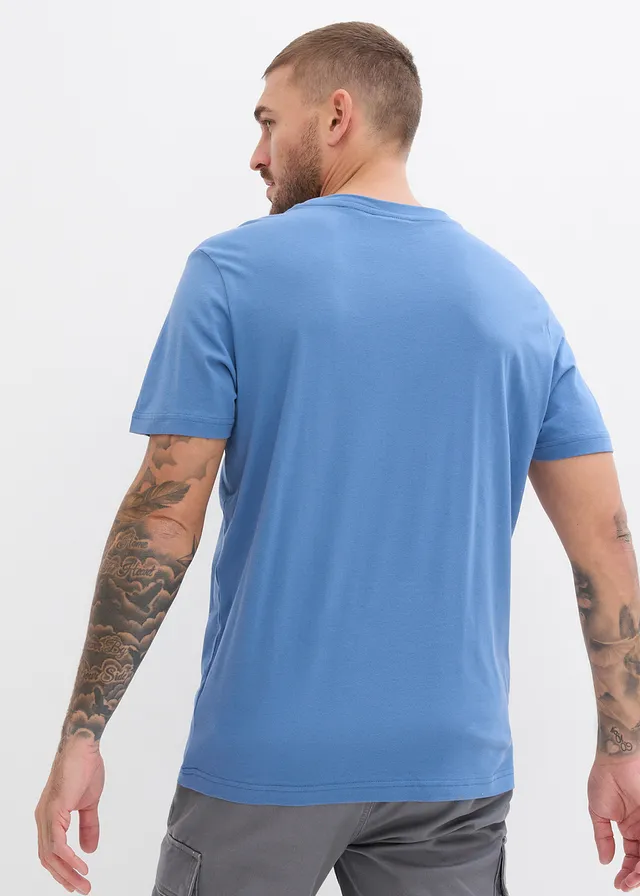 Lot de 3 T-shirts, Couleur: bleu jean + bleu foncé + bleu nacré