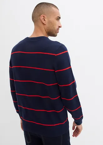 Fijngebreide trui, regular fit, Kleur: donkerblauw-rood gestreept