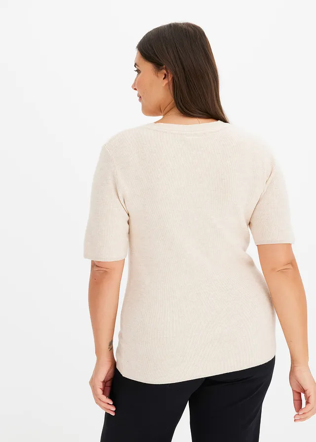 Geribde trui met korte mouw, Kleur: beige