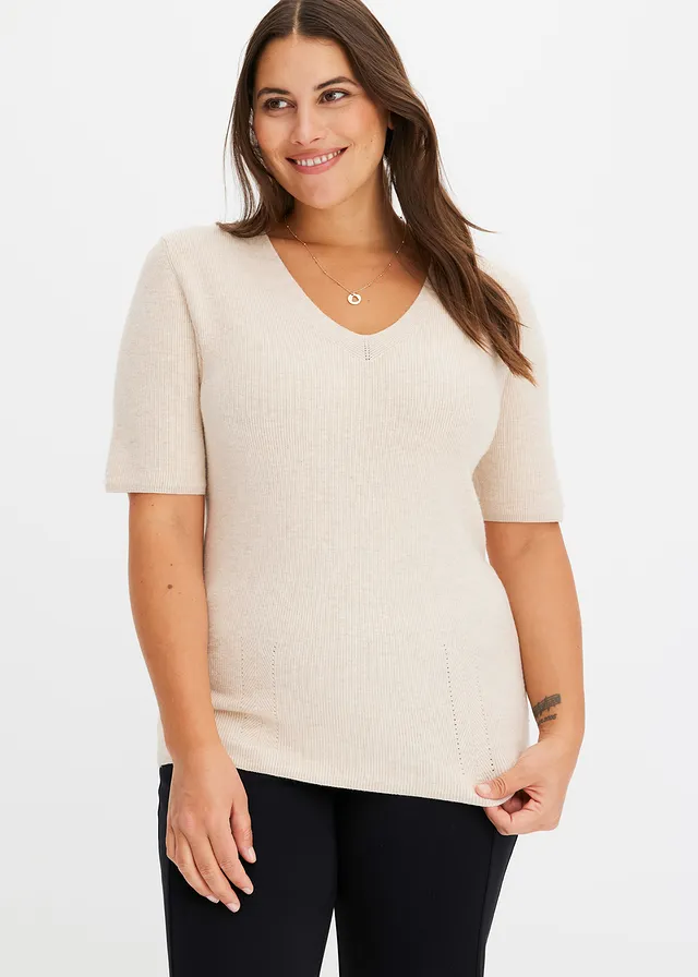 Geribde trui met korte mouw, Kleur: beige
