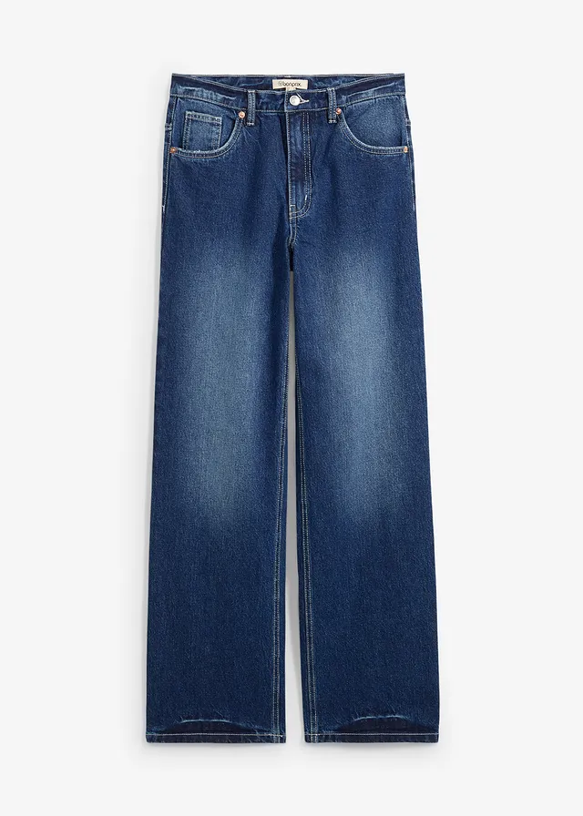 Jean large et droit, Couleur: denim bleu foncé used