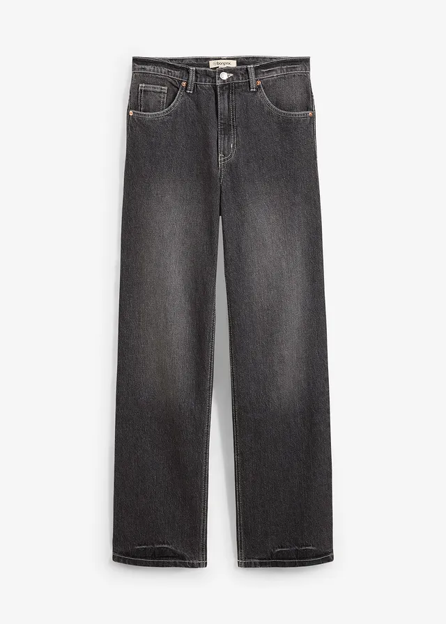 Loose Straight farmer • fekete denim, használt hatású • bonprix áruház