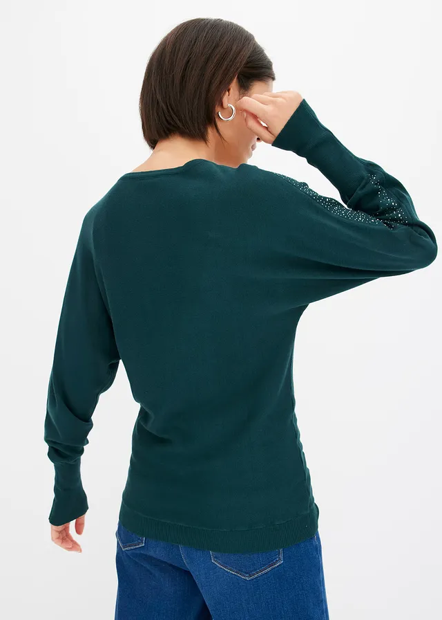 Pull en fine maille avec strass, Couleur: vert profond