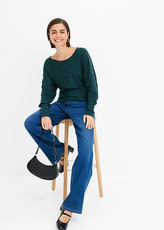 Pulover din tricot fin cu aplicații cu ștrasuri • verde profund • magazin bonprix