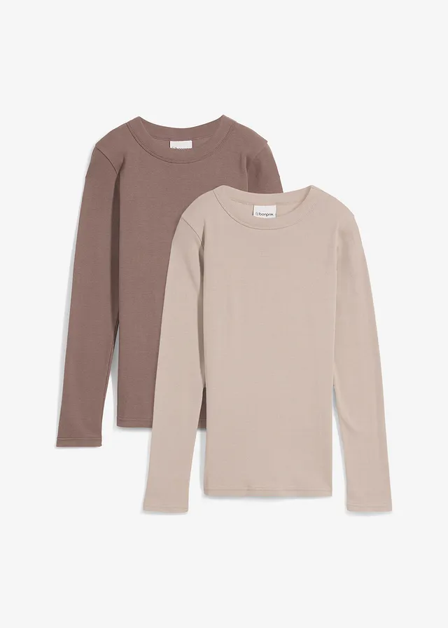 Hosszú ujjú bordás póló tiszta bio-pamuttal (2 db-os csomag) • világos homok-középbarna • bonprix áruház