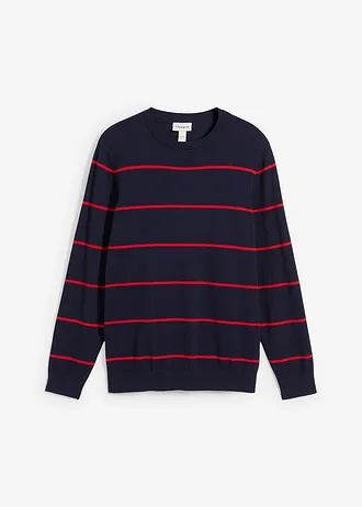 Fijngebreide trui, regular fit, Kleur: donkerblauw-aardbeirood gestreept