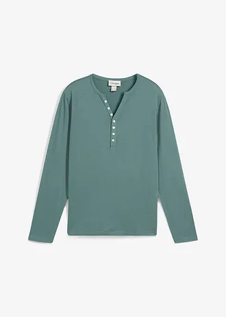 Shirt z dekoltem henley, z bawełny organicznej, Slim Fit • zielono-szary-biały • sklep bonprix