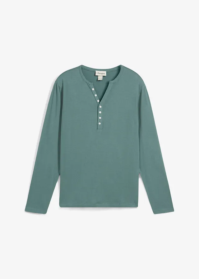 Henley shirt met lange mouwen van puur biologisch katoen, slim fit • grijsgroen/wit • bonprix online shop
