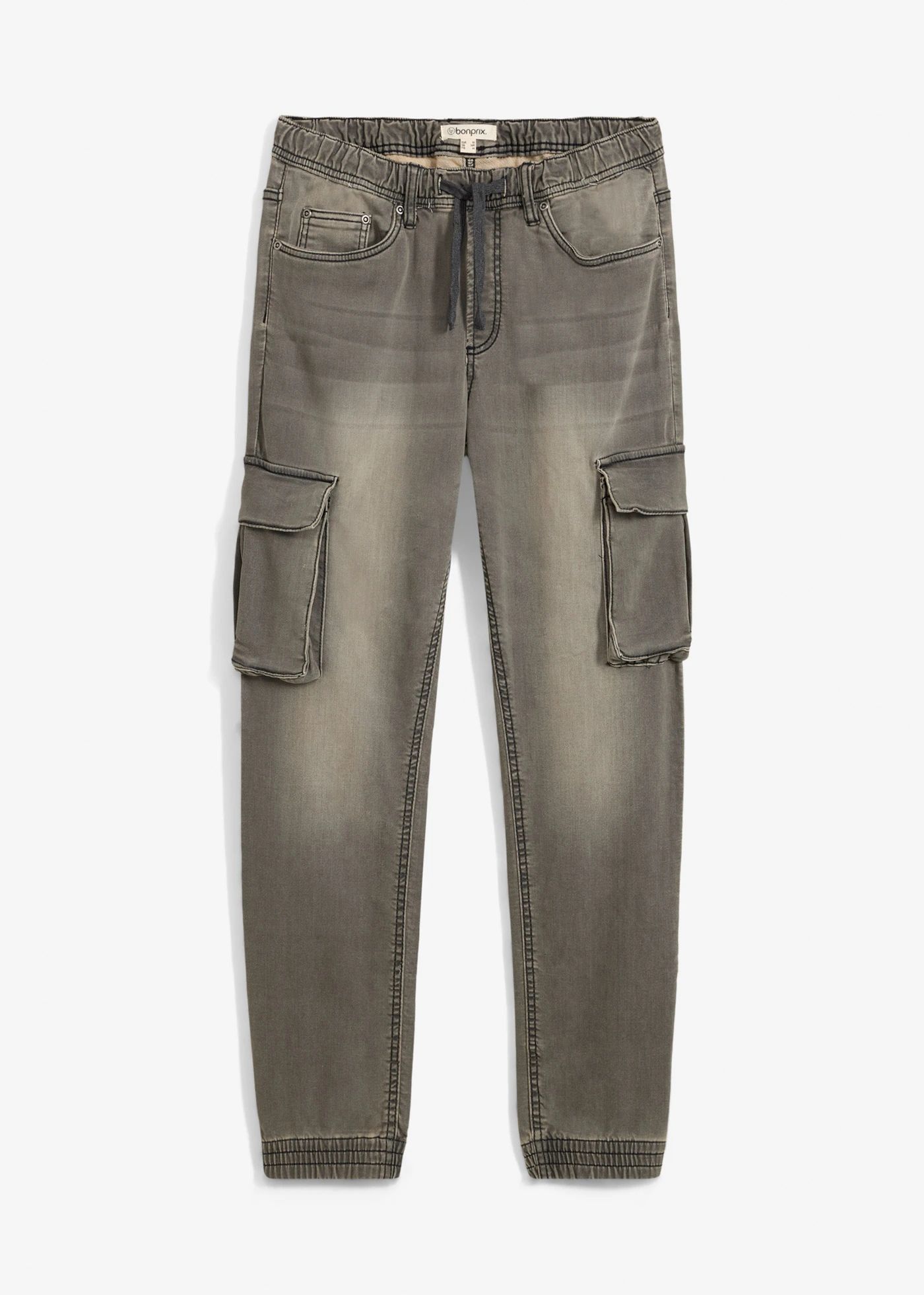 Slim Fit cargo farmer-jogger kényelmes derékpánttal, Straight • világosszürke denim/barna • bonprix áruház