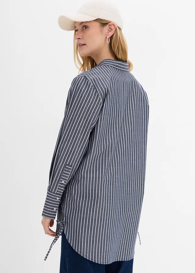Chemisier oversize 100 % coton, Couleur: bleu foncé-blanc rayé