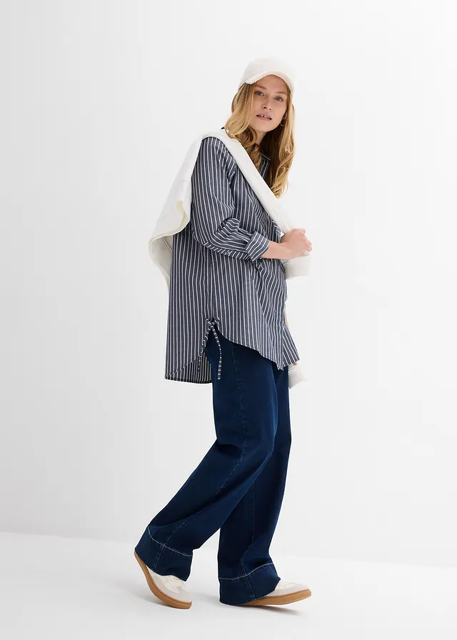 Oversized blouse van katoen, Kleur: donkerblauw/wit gestreept