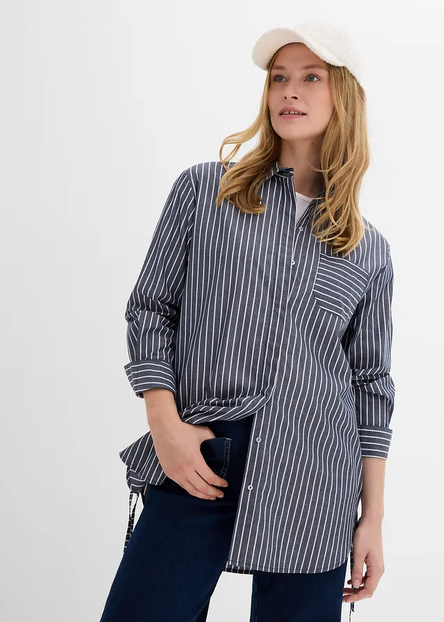 Oversized blouse van katoen, Kleur: donkerblauw/wit gestreept