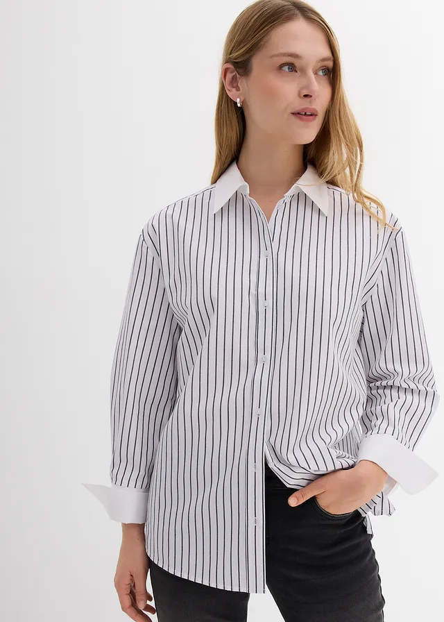 Oversized overhemd van puur katoen, Kleur: wit-donkerblauw gestreept