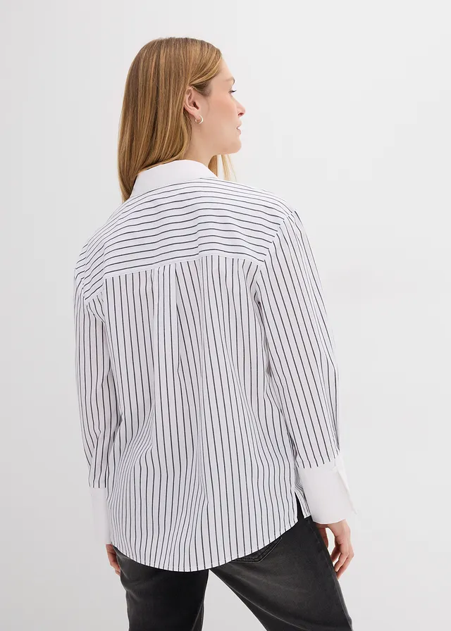 Oversized overhemd van puur katoen, Kleur: wit-donkerblauw gestreept