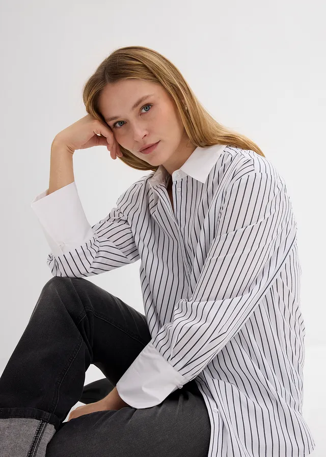 Oversized overhemd van puur katoen • wit-donkerblauw gestreept • product-page.page-title-suffix