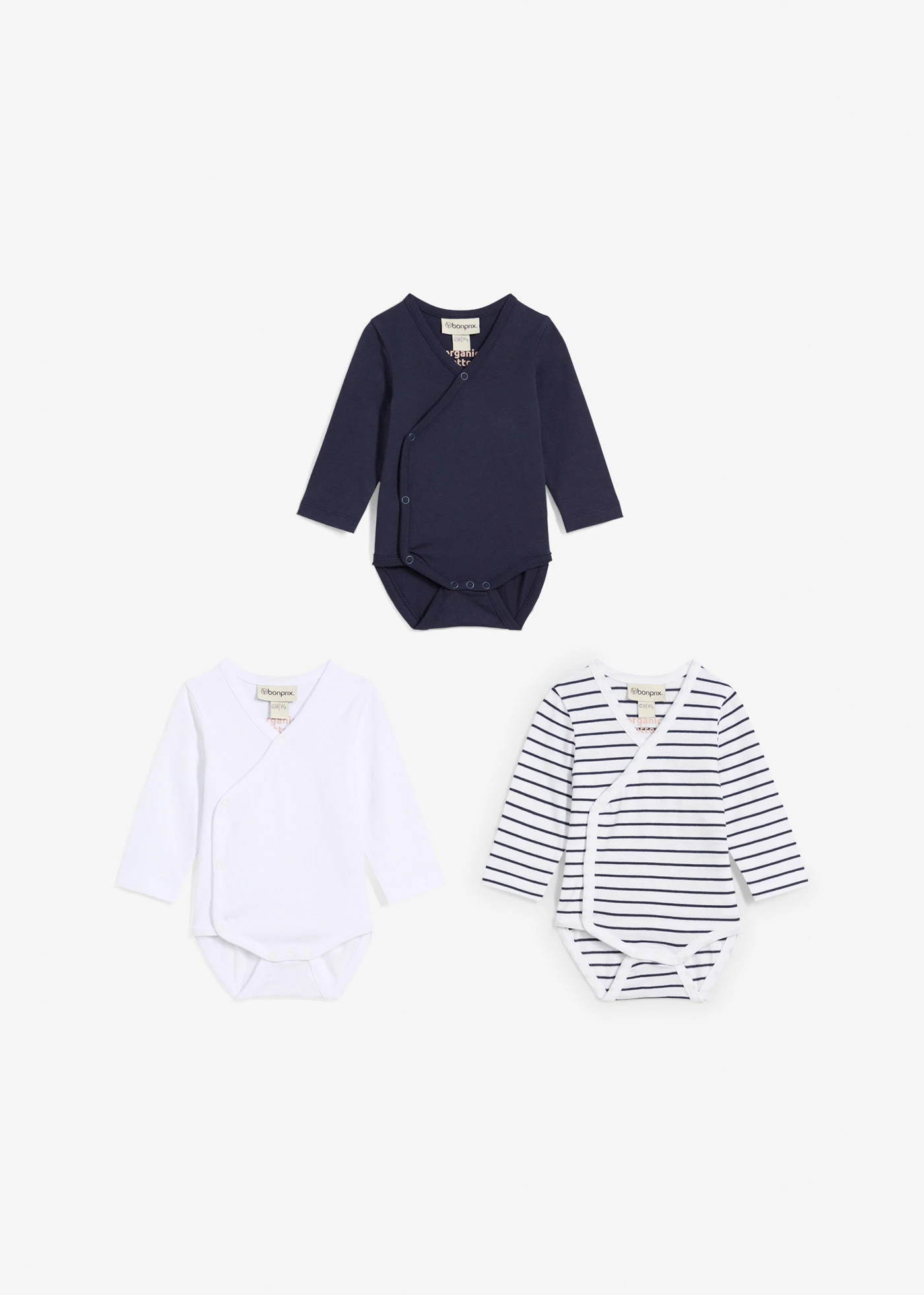 Wikkelrompertje van puur biologisch katoen (set van 3) • donkerblauw+wit+blauw-wit gestreept • bonprix online shop