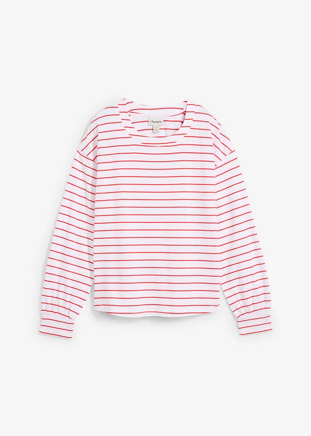 Longsleeve van biologisch katoen, Kleur: wit-aardbeirood gestreept