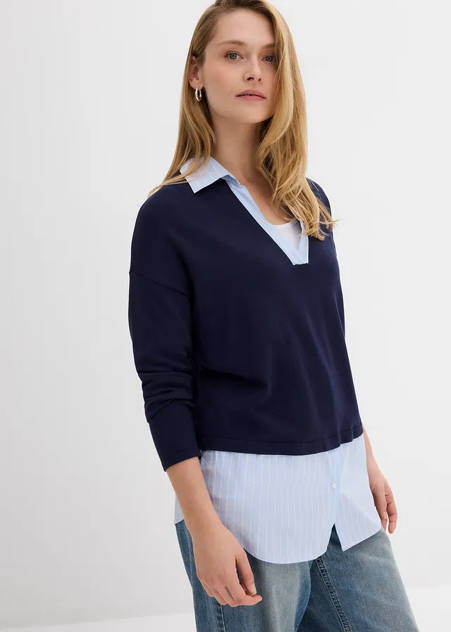 Pull en fine maille empiècement chemisier, Couleur: bleu foncé