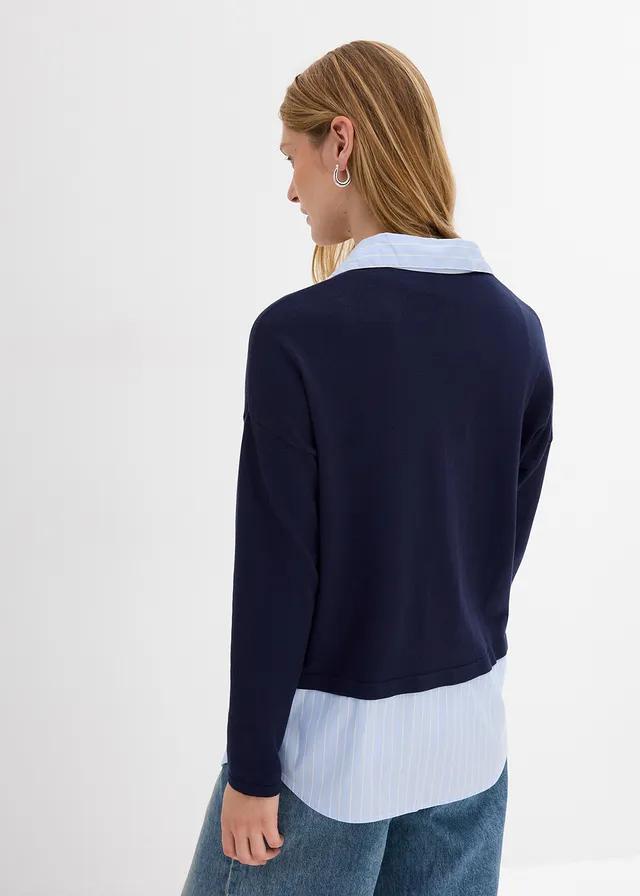 Pull en fine maille empiècement chemisier, Couleur: bleu foncé