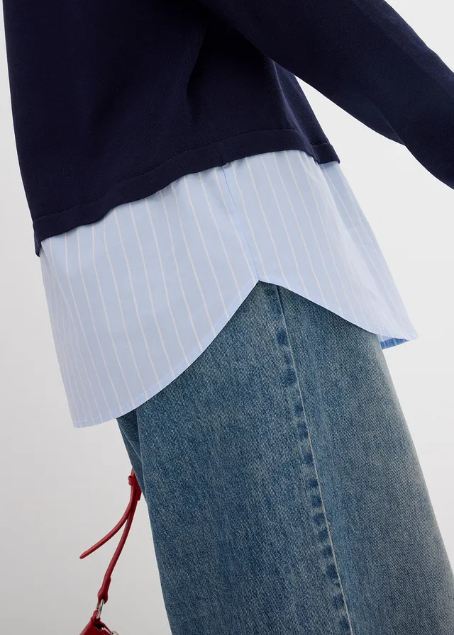 Fijn gebreide trui met blouse-inzet • donkerblauw • product-page.page-title-suffix