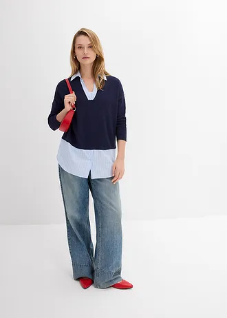 Fijn gebreide trui met blouse-inzet, Kleur: donkerblauw