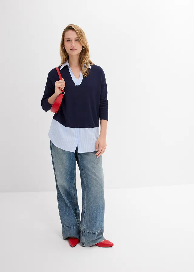 Pull en fine maille empiècement chemisier, Couleur: bleu foncé