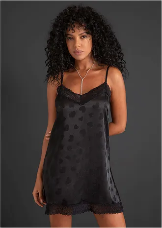 Négligé en satin à motif cœur • noir • Boutique bonprix