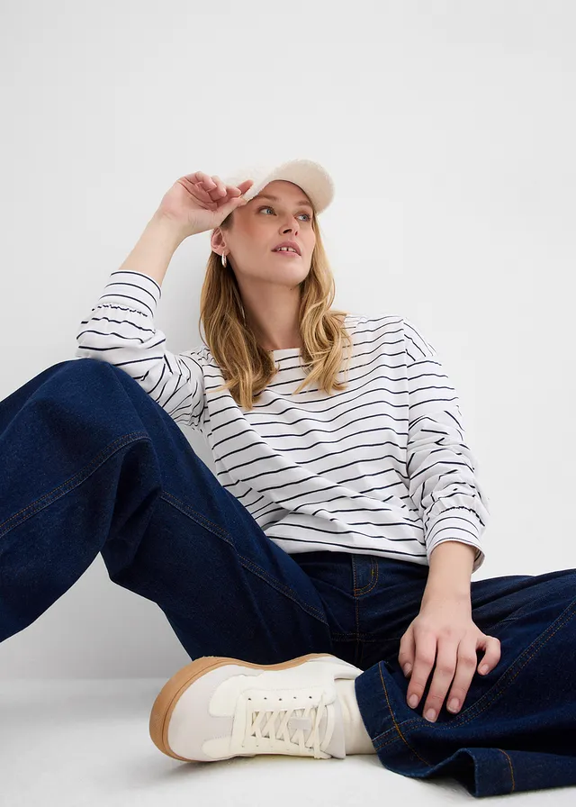 T-shirt manches longues 100% coton • blanc/bleu foncé rayé • product-page.page-title-suffix