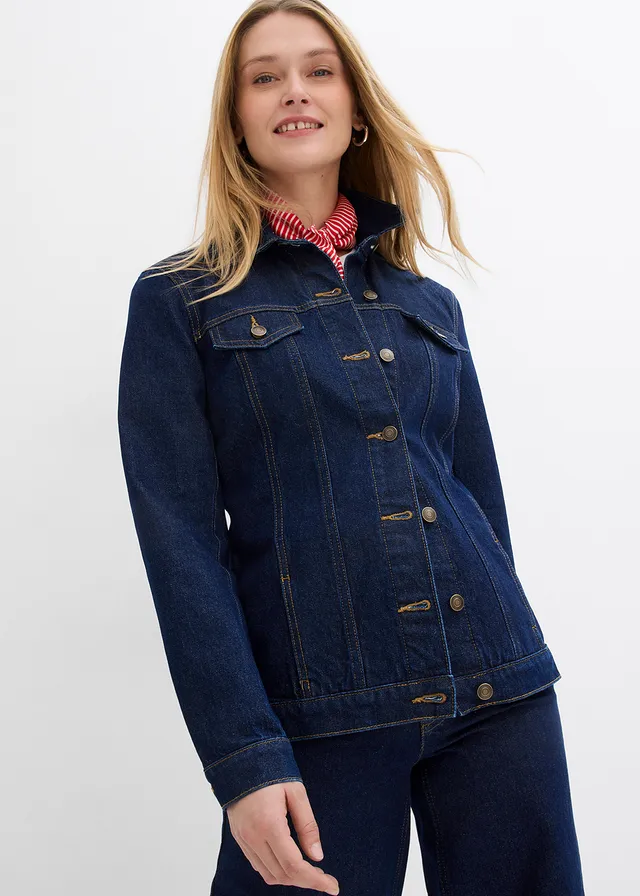 Veste en jean cintrée, Couleur: denim bleu foncé