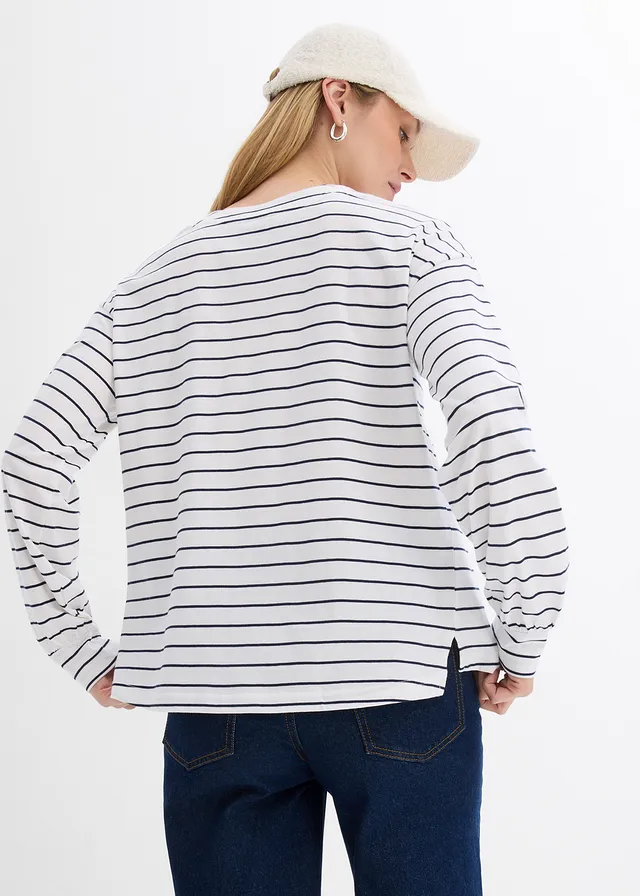 T-shirt manches longues 100% coton • blanc/bleu foncé rayé • product-page.page-title-suffix