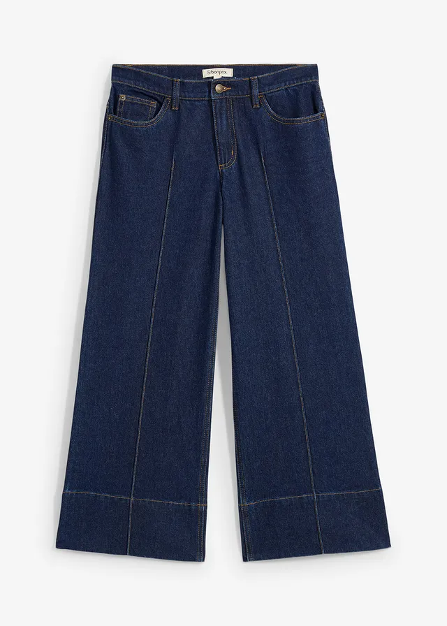 Jean large cropped taille mi-haute, Couleur: bleu foncé denim brut