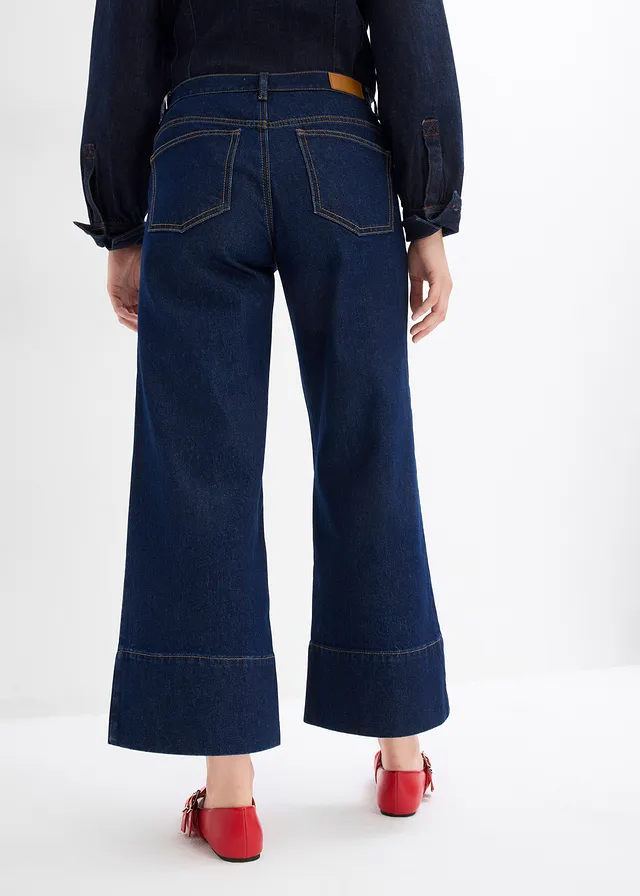 Jean large cropped taille mi-haute, Couleur: bleu foncé denim brut