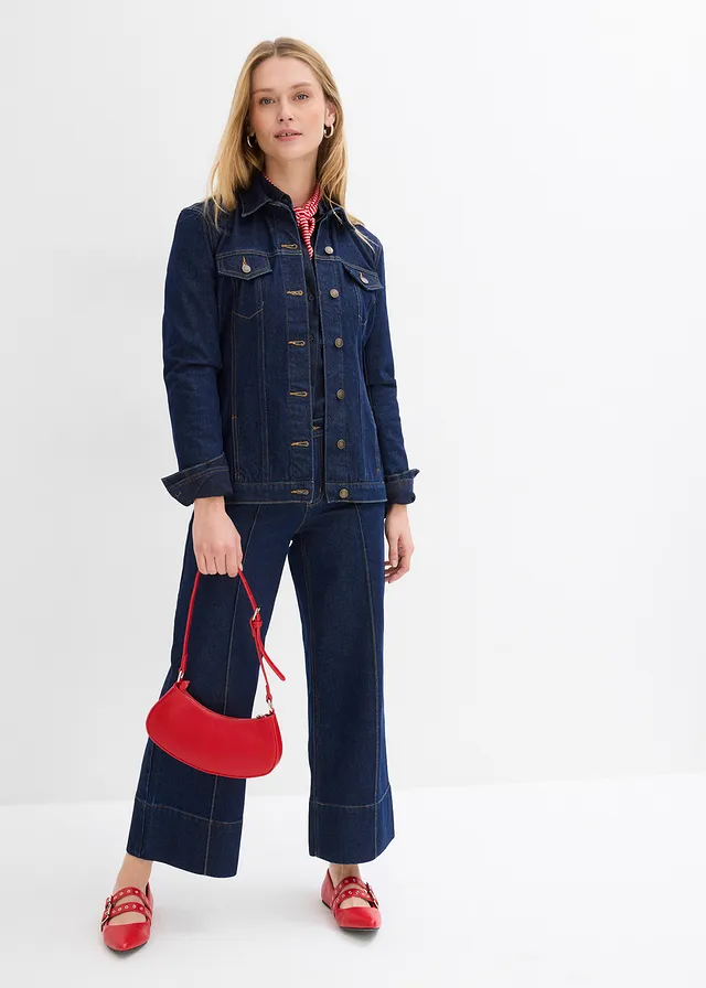 Jean large cropped taille mi-haute, Couleur: bleu foncé denim brut