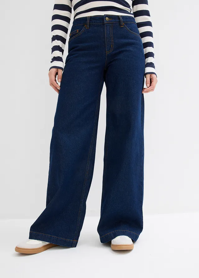 Džínsy, široké, stredná výška pásu, farba: tmavomodrá denim