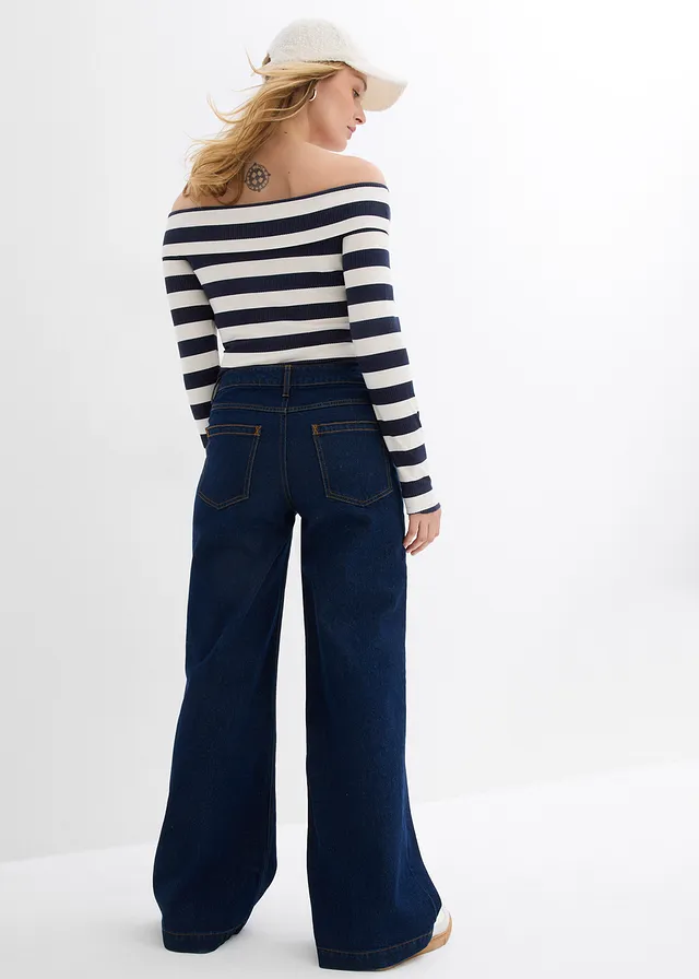 Džínsy, široké, stredná výška pásu, farba: tmavomodrá denim