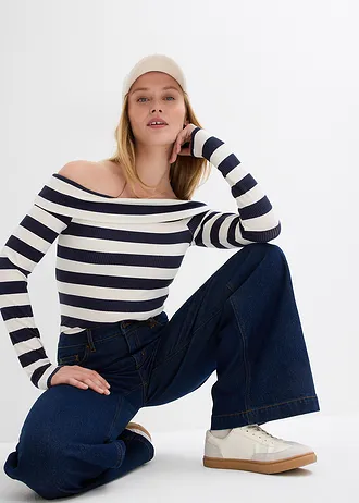 Jeansy wide leg, średni stan, pełna długość • ciemnoniebieski unwashed • sklep bonprix