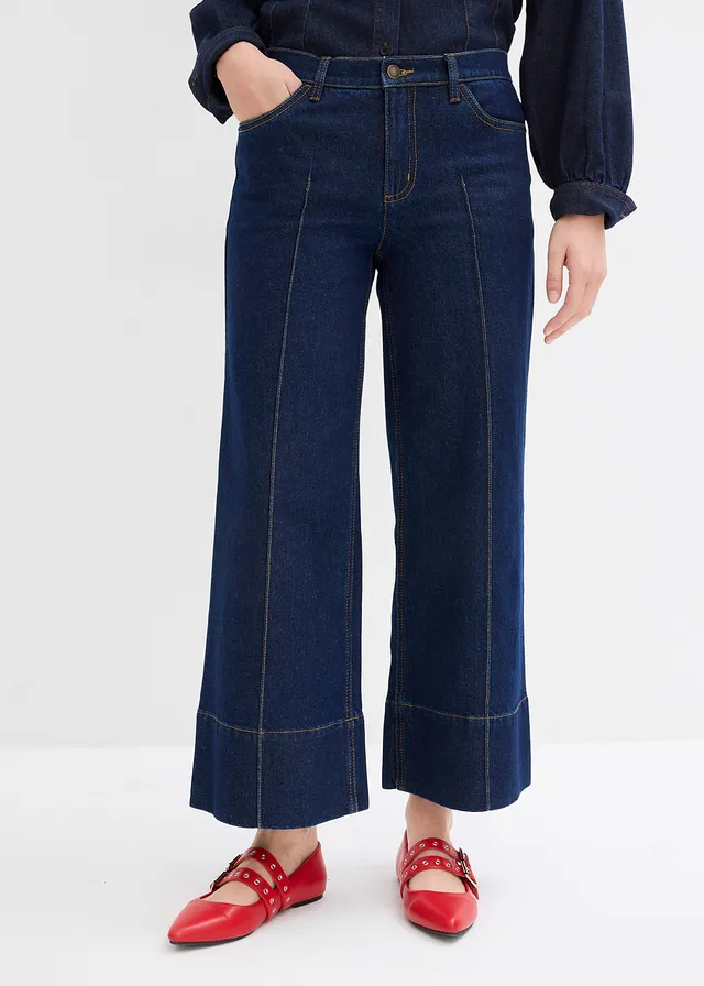 Jean large cropped taille mi-haute, Couleur: bleu foncé denim brut
